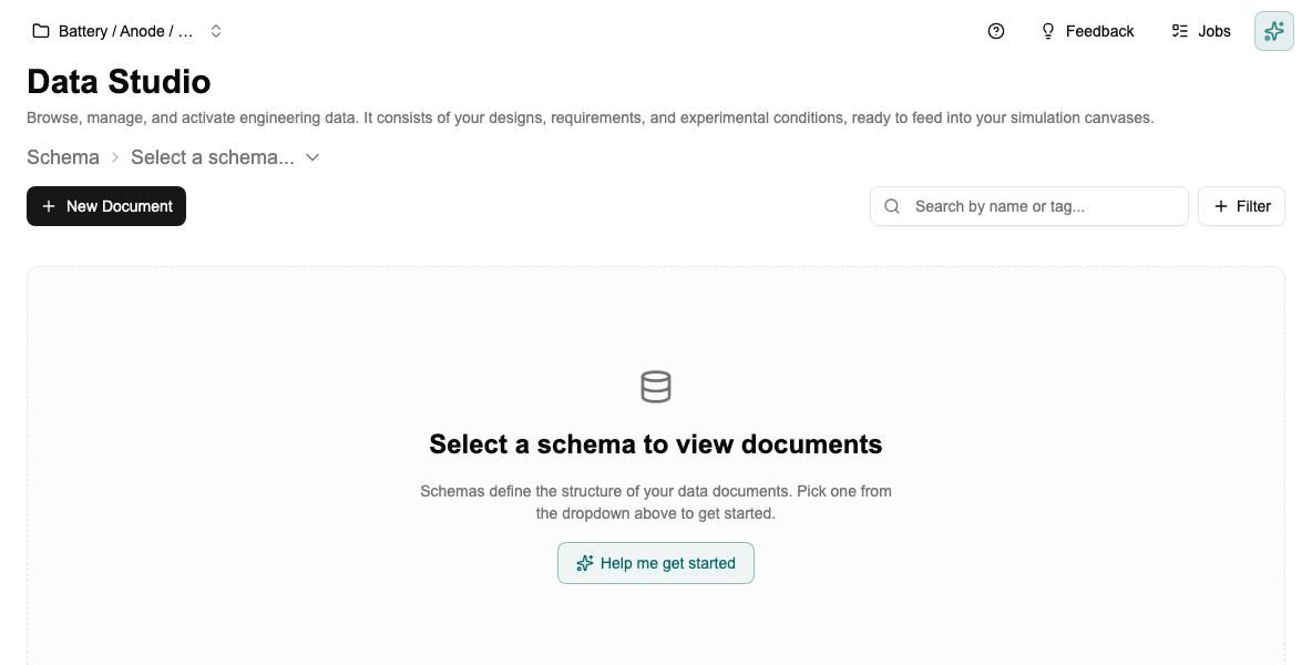 Data Studio empty state — "Select a schema to view documents"