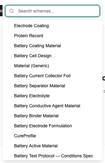 Schema picker open showing Electrode Coating at the top of the list