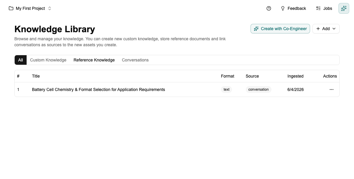 Knowledge Library showing a document already uploaded, with the Add and Create with Co-Engineer buttons at the top
