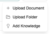 Add dropdown showing Upload Document, Upload Folder, and Add Knowledge