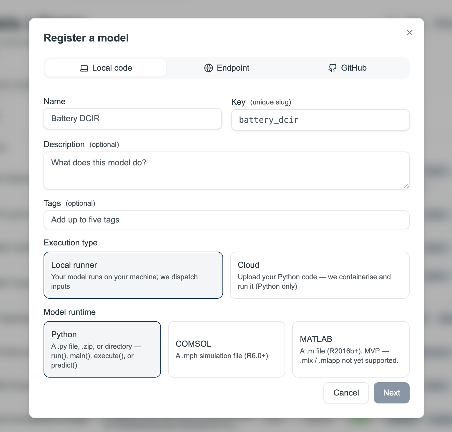Register a model dialog showing name, key, execution type, and runtime options