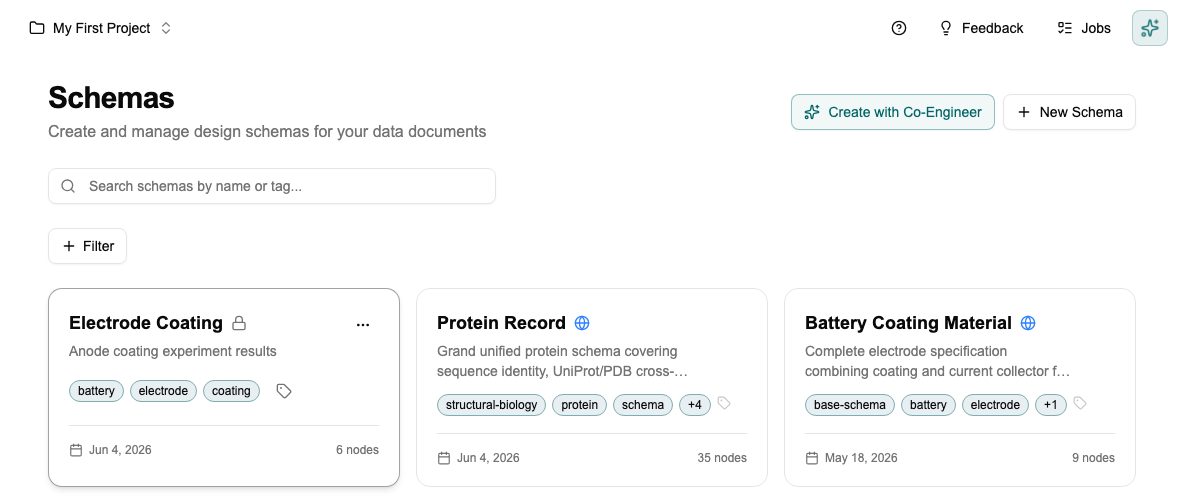 The Schemas page showing existing schema cards and the New Schema button
