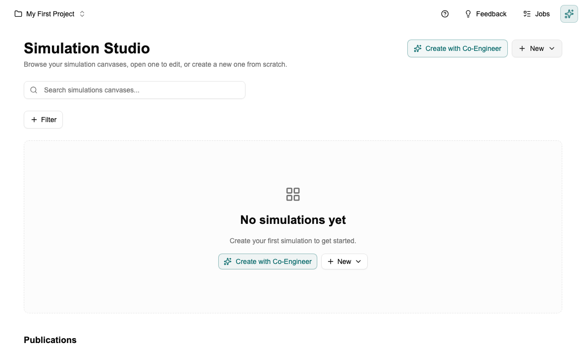 Simulation Studio empty state — "No simulations yet" with Create with Co-Engineer and New buttons