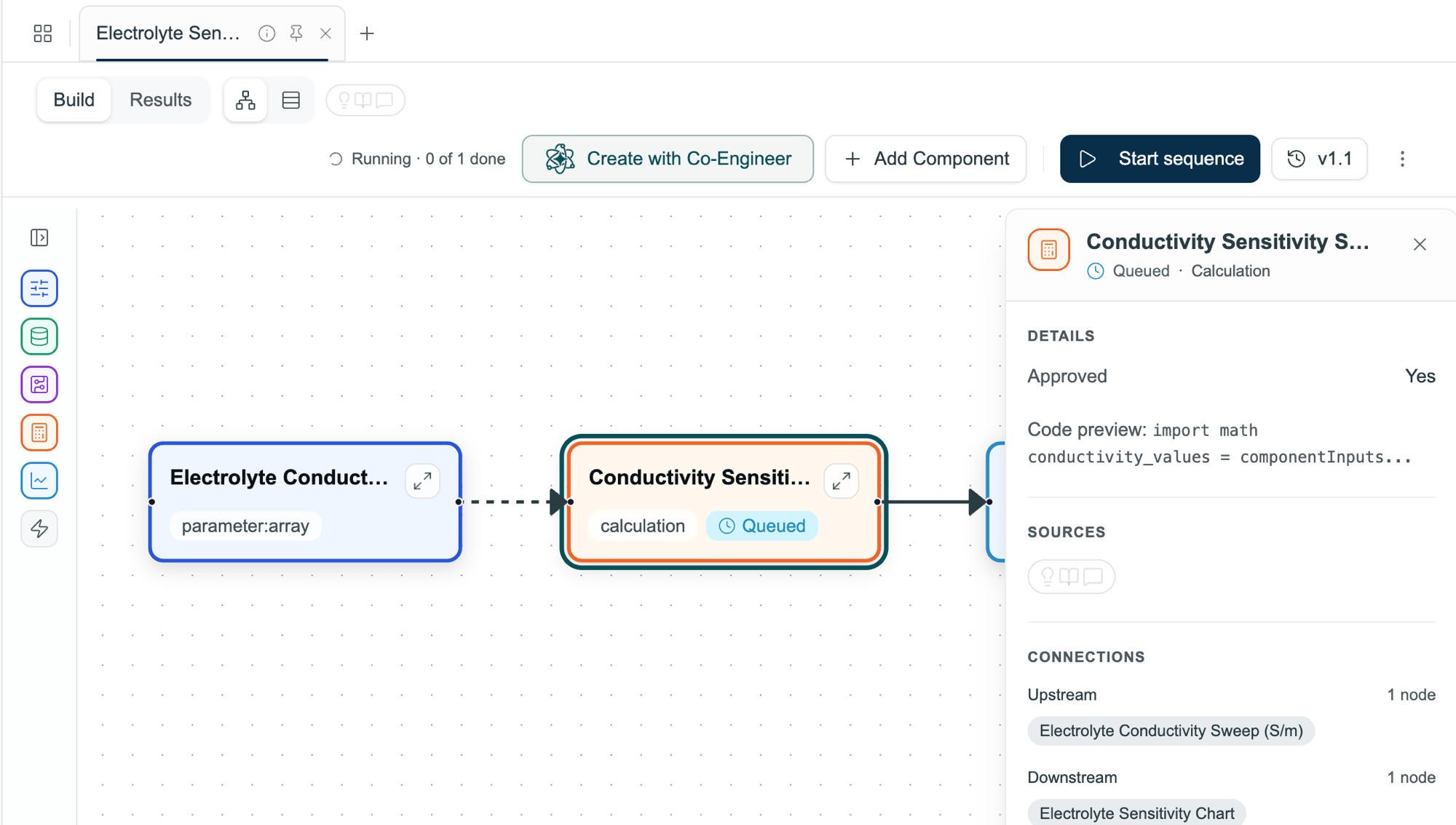 A calculation block's detail panel — approval status, a preview of its code, its sources, and its upstream and downstream connections